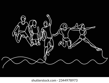 continuous line drawing of happy group of students jumping over sea