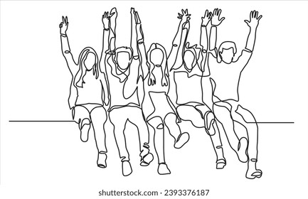 continuous line drawing of happy group friends' hands rising to sit on the bench. the concept of friendship, emotional support, comfort someone a happy moment.