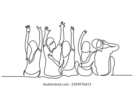 continuous line drawing of happy group friends' hands rising to sit on the bench. the concept of friendship, emotional support, comfort someone a happy moment.