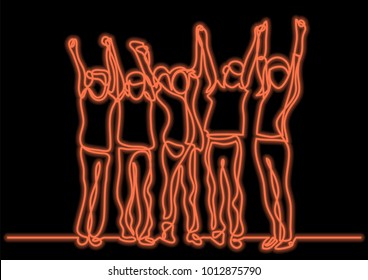 continuous line drawing of happy joyful children with neon vector effect