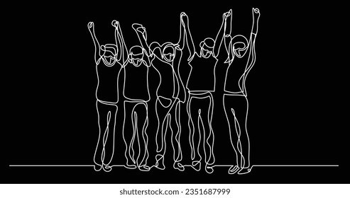 continuous line drawing of happy joyful children wearing face masks