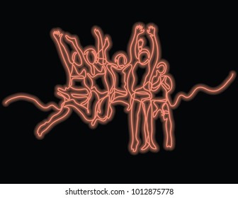 continuous line drawing of happy jumping people with neon vector effect