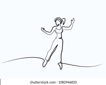 Continuous line drawing. Happy jumping woman on white background. Vector illustration.