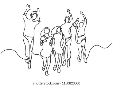 continuous line drawing of happy jumping group of young kids