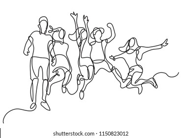 continuous line drawing of happy jumping group of youth