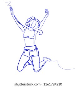 continuous line drawing of happy jumping woman athlete