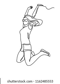 continuous line drawing of happy jumping woman athlete