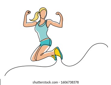 continuous line drawing of happy jumping woman athlete