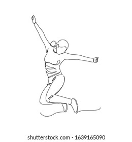 Continuous line drawing of happy jumping woman celebrate the success. Line art of business concept. Vector illustration.