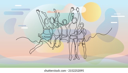 continuous line drawing of happy jumping people