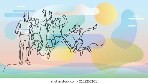 continuous line drawing of happy jumping group of youth