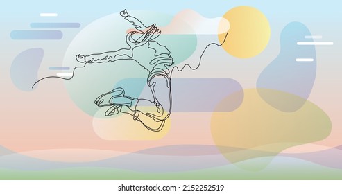 continuous line drawing of happy jumping woman