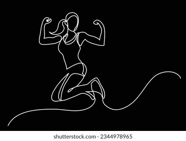 dibujo de línea continua de atleta de mujer que salta feliz