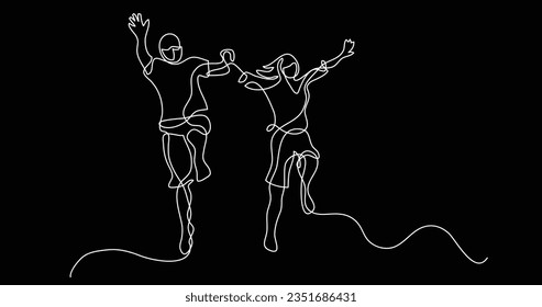 continuous line drawing of happy jumping couple wearing face masks