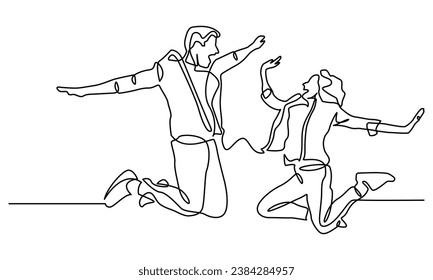 Continuous line drawing of Happy jumping couple. Continuous line drawing. Vector illustration. The concepts of happiness and freedom are isolated on a white background.
