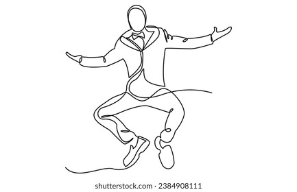 Continuous line drawing of Happy jumping businessman. Continuous line drawing Vector illustration. The concepts of happiness and freedom are isolated on a white background.

