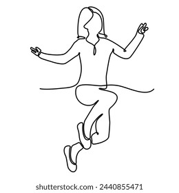 Continuous line drawing of happy jumping woman celebrate the success. Line art of business concept. Vector illustration.
