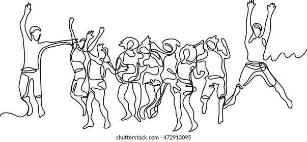 continuous line drawing of happy jumping guys