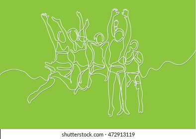 continuous line drawing of happy jumping people