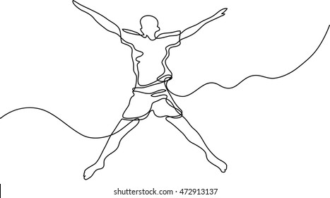 continuous line drawing of happy jumping guy