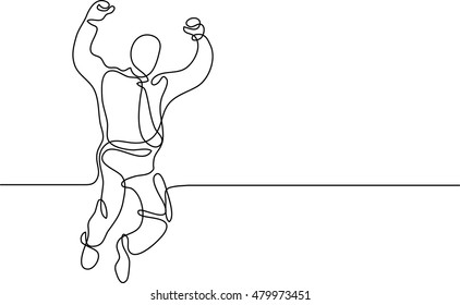 continuous line drawing of happy jumping businessman