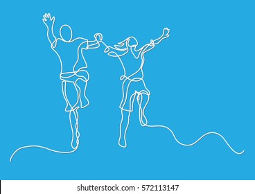 continuous line drawing of happy jumping couple
