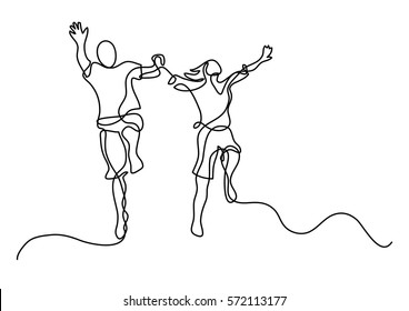 continuous line drawing happy jumping couple