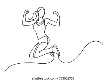 continuous line drawing of happy jumping woman athlete