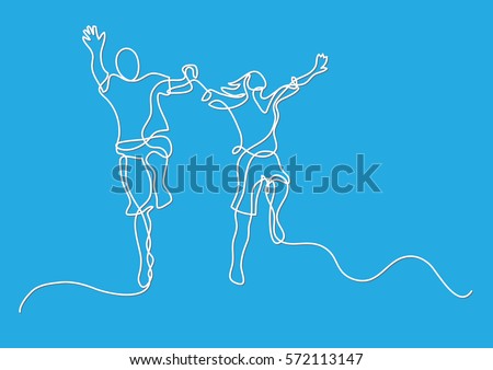continuous line drawing of happy jumping couple