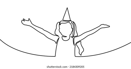 dibujo de línea continua de niña feliz en sombrero de cumpleaños. Chica feliz usando un cono para una celebración. Feliz cumpleaños.  Niño celebrando las manos arriba.