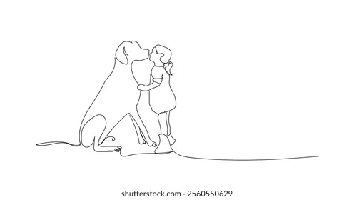 Continuous line drawing of happy little girl playing with dog pet. One line art concept of happy childhood. Vector illustration. Friendship concept. Hand made vector not AI 