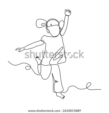 Continuous line drawing of happy little girl children dancing and jumping. Single one sketch line childhood vector illustration editable stroke