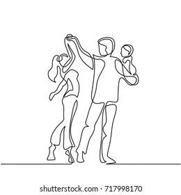 Continuous line drawing. Happy loving couple dancing with baby in hands. Vector illustration