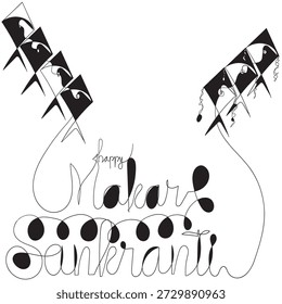 continuous line drawing happy makar Sankranti back and whit