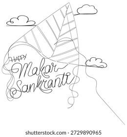 continuous line drawing happy makar Sankranti back and whit