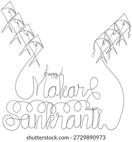 continuous line drawing happy makar Sankranti back and whit