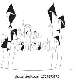 continuous line drawing happy makar Sankranti back and whit