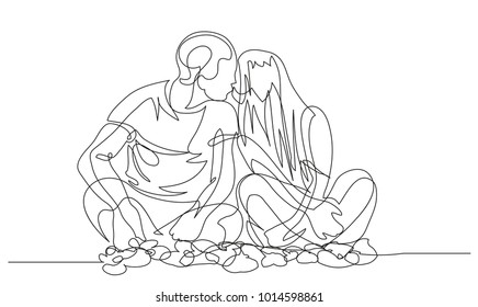 Continuous line drawing. Happy man and woman. Young married couple. Vector illustration