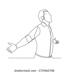 Continuous line drawing of happy man open hand palm feel free. Vector illustration