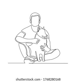 Continuous line drawing of happy man playing with dog pet. Vector illustration