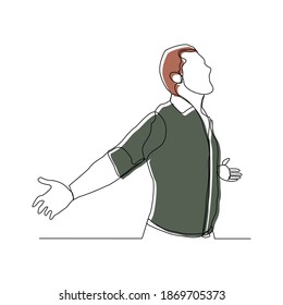 Continuous line drawing of happy man open hand palm feel free. Vector illustration