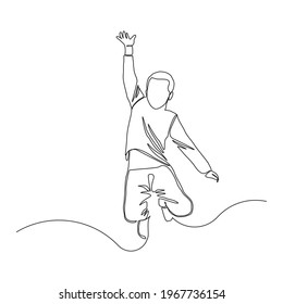 Continuous line drawing of happy man boy children dancing and jumping. Single one line childhood vector illustration. 