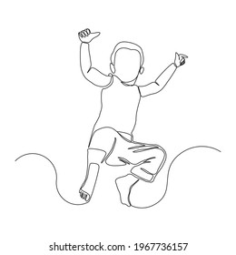 Continuous line drawing of happy man boy children dancing and jumping. Single one line childhood vector illustration. 