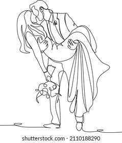 Continuous line drawing. Happy man and woman. Young married couple. Vector illustration