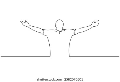 Continuous line drawing of happy man open hand palm feel free vector illustration, Simple continuous line drawing of male when feel so happy vector illustration.