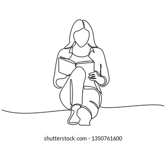 continuous line drawing of Happy mature woman reading her book. young women reading book isolated on white background