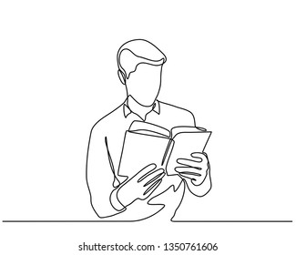 continuous line drawing of Happy mature men reading her book. young men reading book isolated on white background