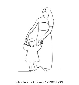 Continuous line drawing of happy mom and chlid walking together. Single line art of small family. Vector illustration
