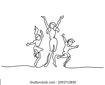 Continuous line drawing. Happy mother dancing with children. Vector illustration. Concept for logo, card, banner, poster, flyer