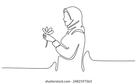 continuous line drawing of a happy Muslim woman carrying flowers, for Ramadan Kareem holiday vector illustration	